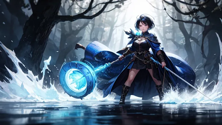 Show a fierce, battle-hardened female character with short, black hair, wearing a rugged, tattered outfit. She wields a large, spiked chain weapon that swirls around her, emitting dark and icy energy. Her clothes are accented with dark blue and silver, and...