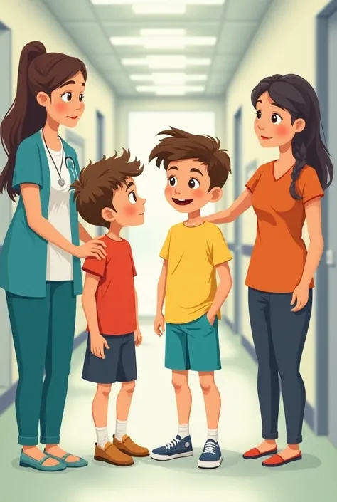  there are two boys in the hospital corridor .  The boys are  . Both have their mothers standing next to them . one of the mothers is 40 ,  he is 35 years old .  One of the boys gave blood to his father .  For this, one of the women is grateful to the boy ...