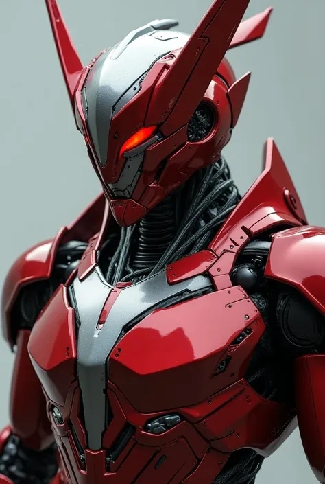 A powerful robotic warrior with a sleek, metallic design, featuring bold red and silver armor plating. The helmet is angular with sharp lines, showcasing glowing red eyes and intricate mechanical details. Horn-like structures extend from the sides of the h...