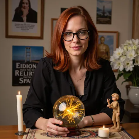 Ultra realistic. A woman with red hair and glasses is sitting at the table. The woman has half a scarf in her hair. The womans age is in her 30s, there are candles and incense on the table. There is a round glass globe on the table in front of the woman. I...