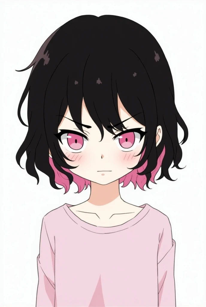 A person with light pink eyes,. body hair: wavy Hair color: with short black hair and inner pink hair,  , but in a simple drawing style , angry