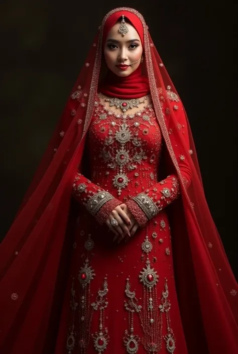 Muslim bride in heavy embelished stone work bridal hand work  red suit very flowy modest with heavy jewelery and bold makeup