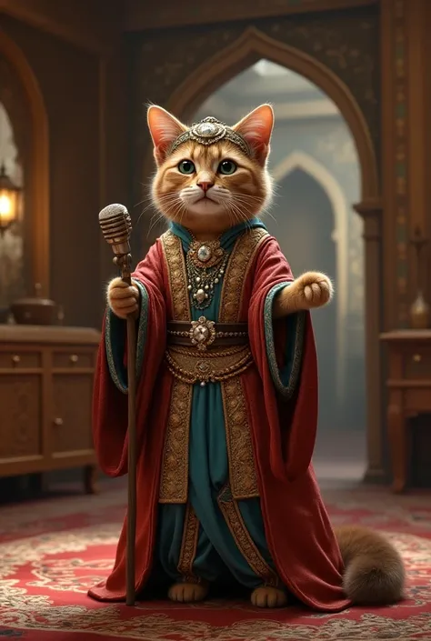 A cat in extremely realistic Arabian costumes sitting in a typical Arabian room with a singing microphone 