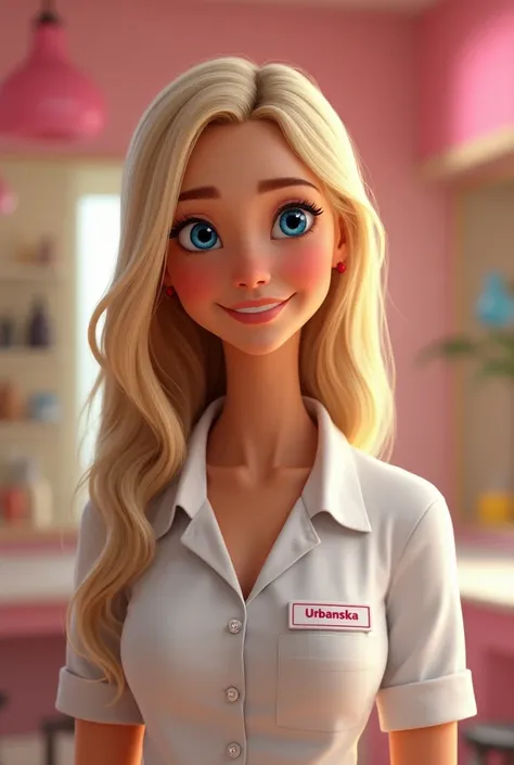 A blonde woman with blue eyes,length hair, work clothes as a beautician, name tag on clothing "URBANSKA" pixar art.