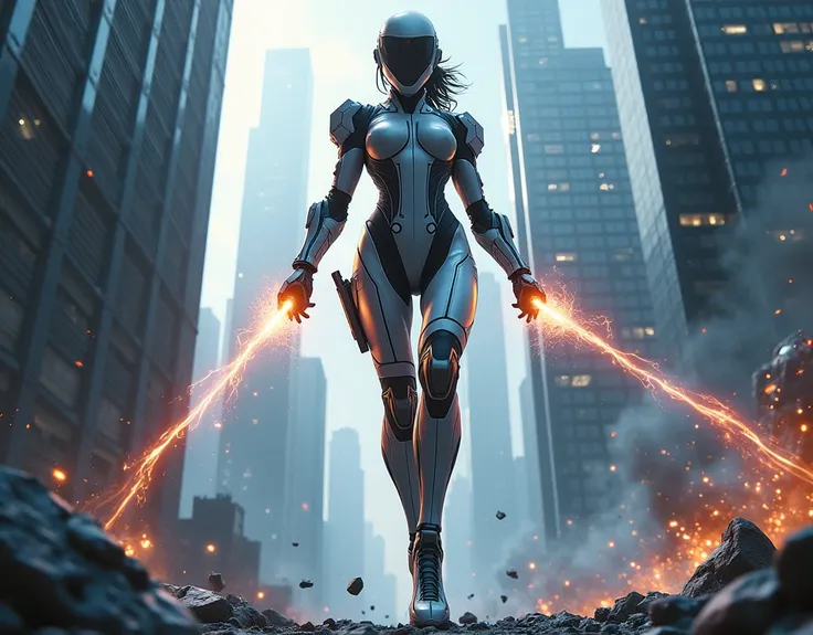 A woman wearing a futuristic flying suit is firing plasma bullets from the palm of her right hand and destroying a skyscraper.