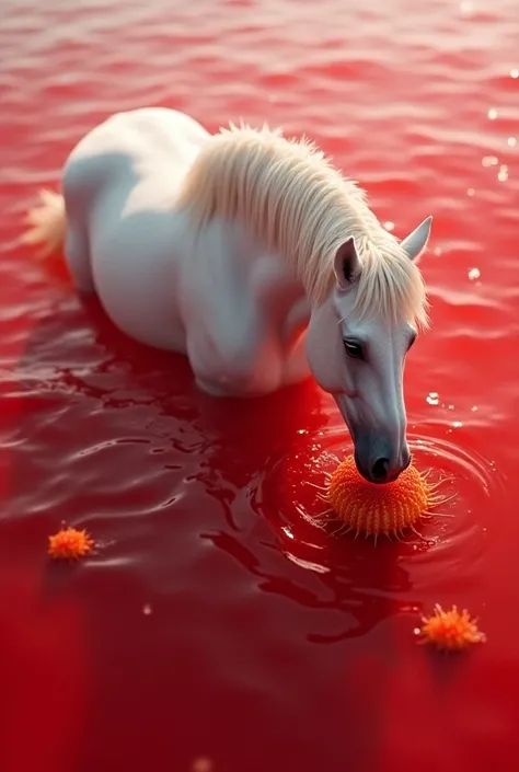 White horse eating red sea urchins in a sea 