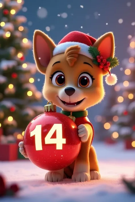 Creer une image de Skye, Paw Patrol, cute adorable, style disney pixar, avev une grosse boule de noël écrit 14, disney 4d, dans un décor de Noël, avec chapeau de pere noel, couronne de Noël 