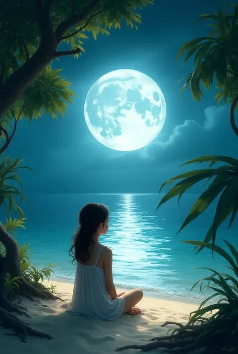 A magical place ,  with the bright Moon reflected in the sea surrounded by mangroves and a beautiful, light brown girl sitting on the beach watching the moon 
