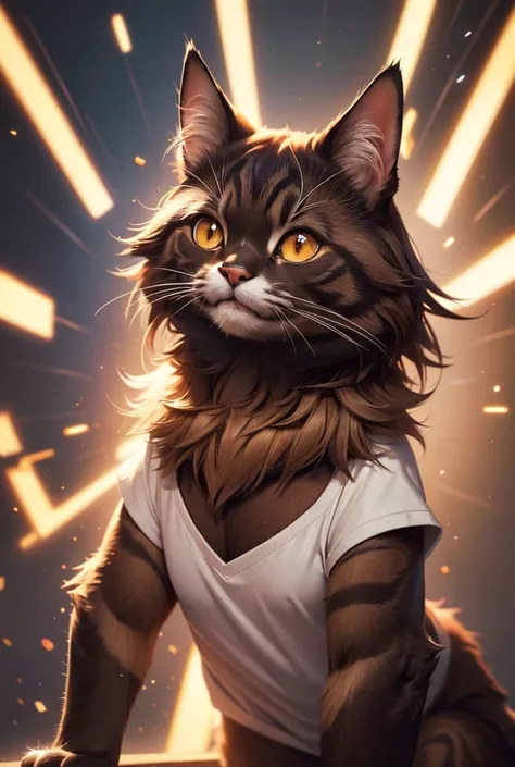 only bad, cat , furry, smiling, brown fur , Netral ,   dynamic lighting, illustration, beautiful,  Particles  (High quality,4k,8K,highres, masterpiece :1.2),  Ultra detailed, impressionist:showy, sin camisa, sexy