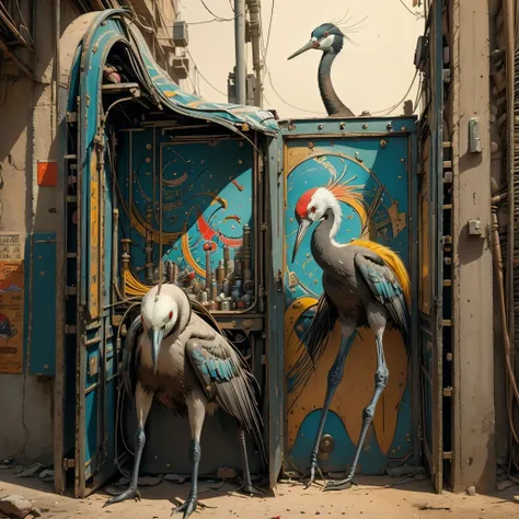 surrealism painting, painting of a crane machine, early 20th-century art style, split-complementary color scheme, vibrant colors