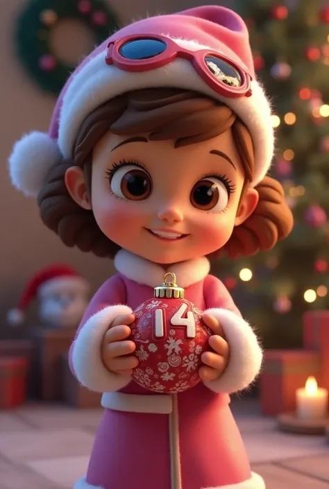 cute adorable girl in paw patrol skye costume, christmas ornament with 14 written on it, disney 4d style, christmas themed background, santa hat, christmas wreath, (best quality,4k,8k,highres,masterpiece:1.2),ultra-detailed,(realistic,photorealistic,photo-...