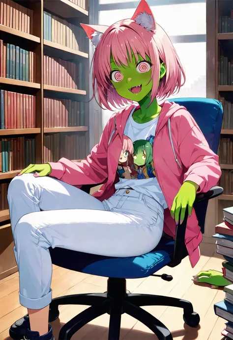 score_9,score_8_up,score_7_up,rating_safety,source_anime,masterpiece,best quality,highly detailed,super fine illustration,8k,side angle,in her crapped room, BREAK 1girl,18yo,cat ears,zombie,pink hair,short hair,crazy eyes,crazy smile,(green skin:1.3),BREAK...