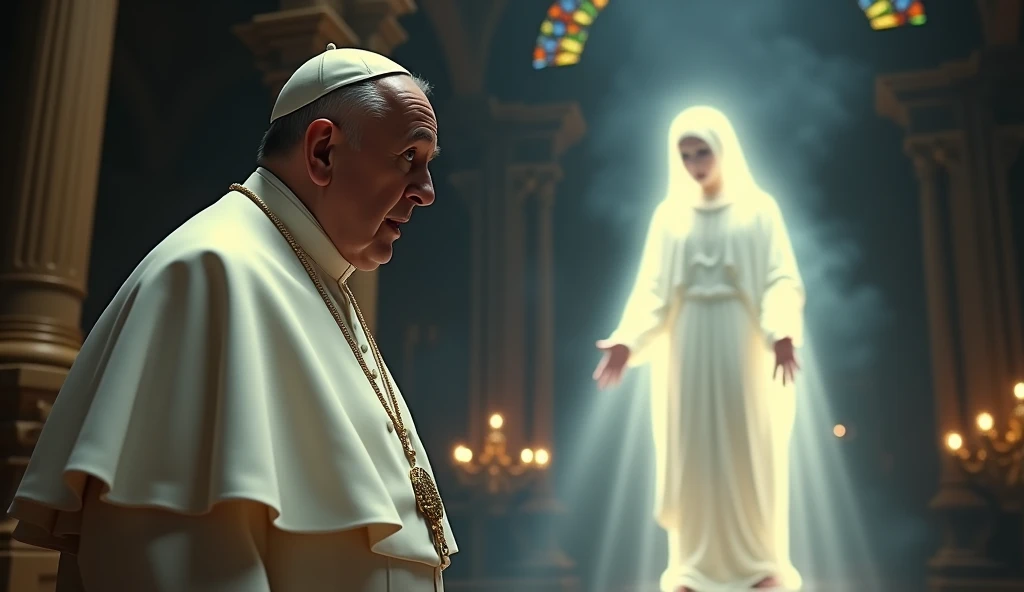 Pope Francis looking scared at the Virgin Mary