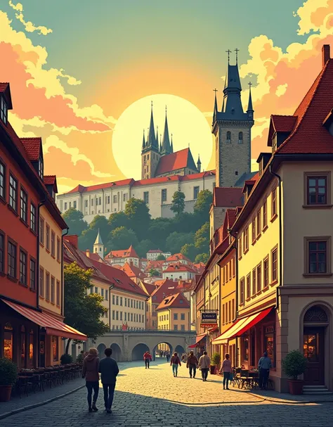 Vintage comic book cover illustration of prague with everything that best fit it, retro style, best quality, 8k, masterpiece, hdr, vivid colors, beautiful soft lighting, oil painting, cozy and inviting atmosphere, film grain, very creative and eye-catching