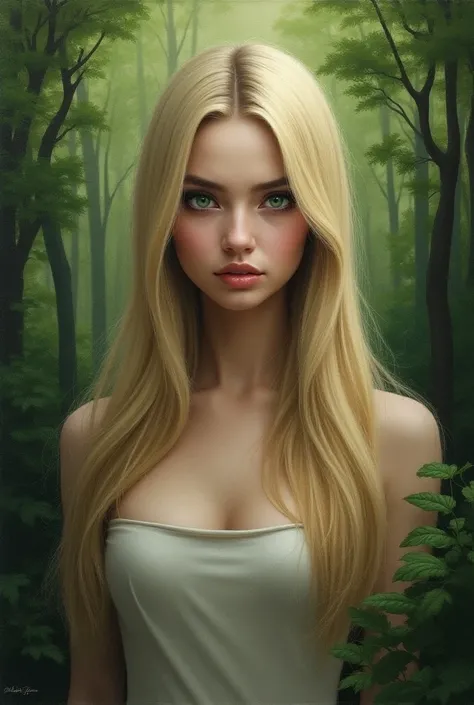 Exuberant goddess woman . straight, flowing hair, blonde, green eyes, Penetrating. lush.  Has a rectangular face , thick lips.  Has a serious face .   Charcoal sketch on canvas . impressionism.  The background is a forest. 