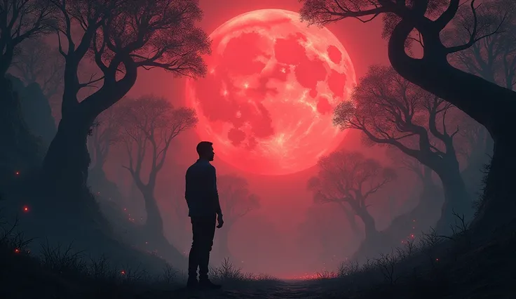 Another world a man looking at the giant red moon in sky and its radiating light on the large forest and trees. Make the trees look haunting and mutated