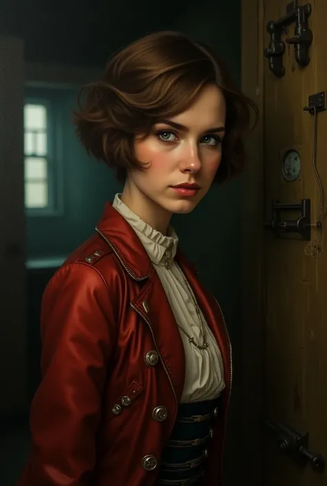  Old portrait that suits the atmosphere of the 19th century and steam punk details, which illustrates a former teacher ,  who joined the communist rebel front .  The woman is thin and has short brown hair.