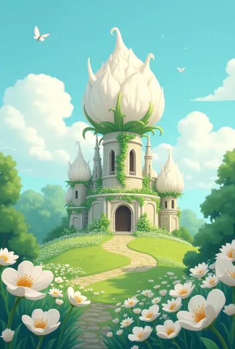  1 flower kingdom name floratia ,The majestic castle  " the design of the castle is related to flowers"  around is just HOA , create a simple cartoon style image ,the main color is white , the roof of the castle has the shape of a huge transparent flower b...