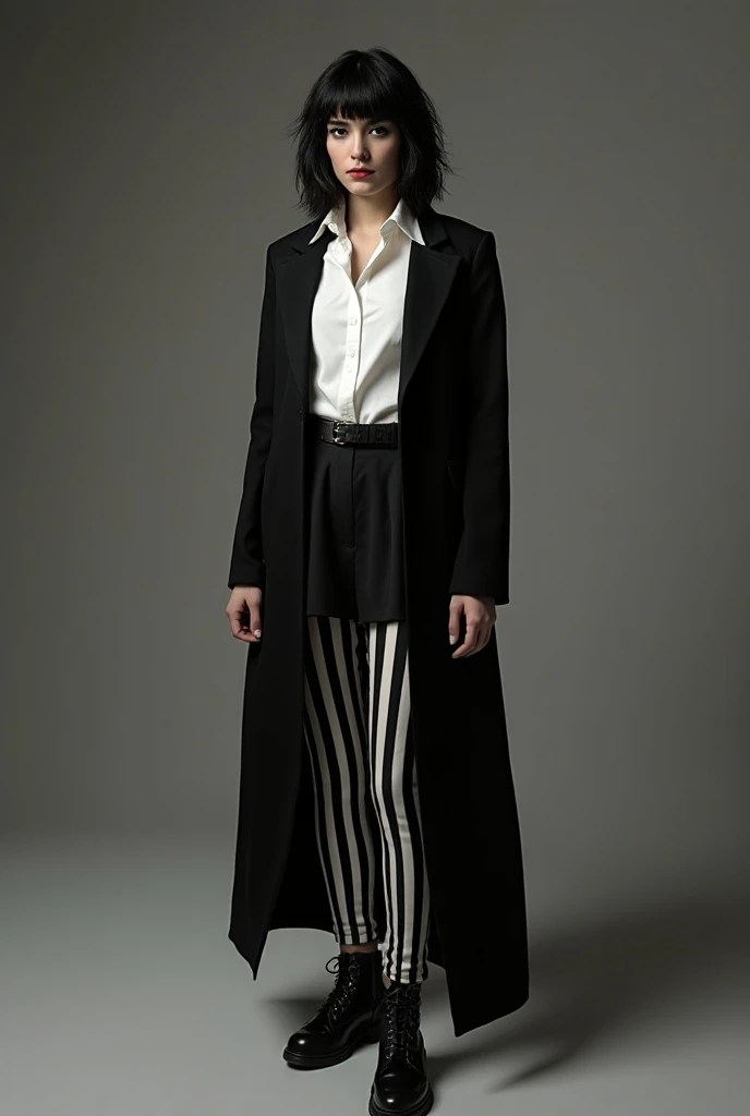  Beetlejuice costume for women  , in black shorts  , white blouse , Black Cobart and a long, striped black and white baizer