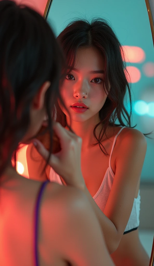 there is a woman that is brushing her hair in the mirror, a colorized photo inspired by Li Fangying, reddit, tachisme, sexy look at the camera, she is facing the camera, young and cute girl, armpit, showing her face, she has a cute face, young cute wan asi...