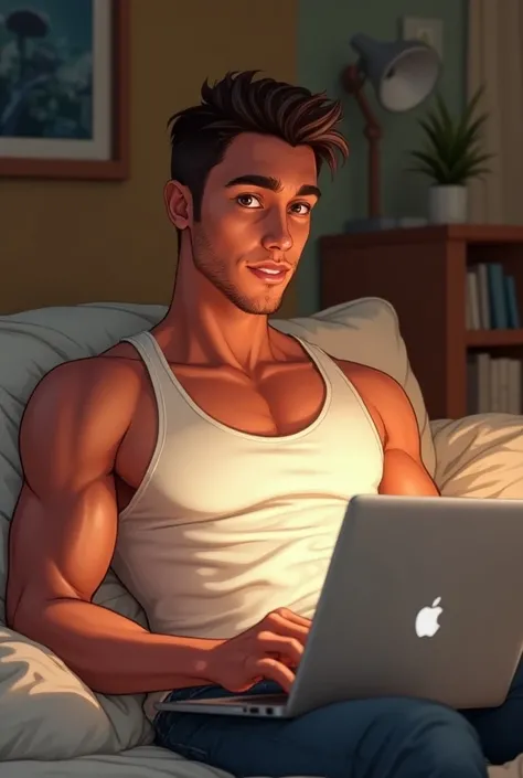 Generate an image of my friend Tristan who is light red with brown eyes, He is very muscular and is wearing a white tank top from Corteiz .  Tristan is on his bed with his latest Macbook Pro and he is extremely happy 