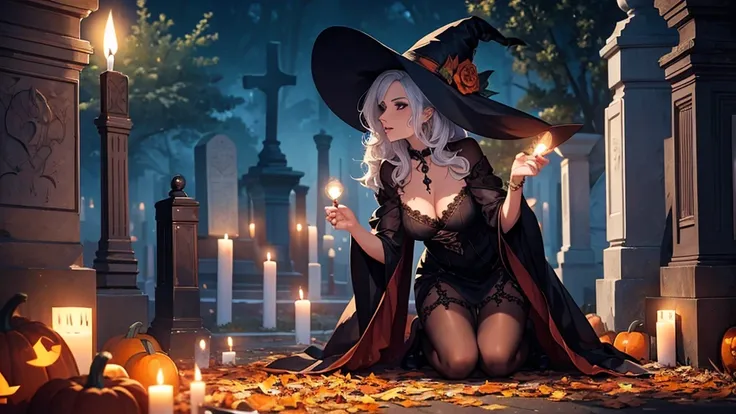 A very pretty witch in a cemetery with candles and pumpkins scattered,  performing a macabre ritual , very sexy witch , realistic image,  full body image