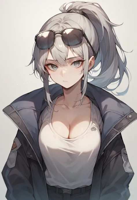 1girl,breasts,solo,eyewear_on_head,black_jacket,jacket,cleavage,shirt,grey_hair,grey_eyes,open_jacket,bangs,ponytail,