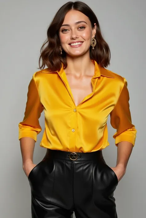 Ella Purnell, English actress with an yellow satin shirt with large breasts, leather pants, promo shoot, studio shoot, smiling