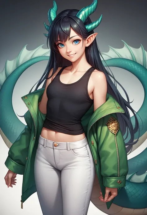 young girl, very long black hair, blue shine eyes, smile, black tank top, open belly, white pants, green leather jacket, dragon horns, dragon scale, multi dragon tails, Masterpiece, best quality, Full HD, 8k, ultra details, great graphic, anime style, 2D