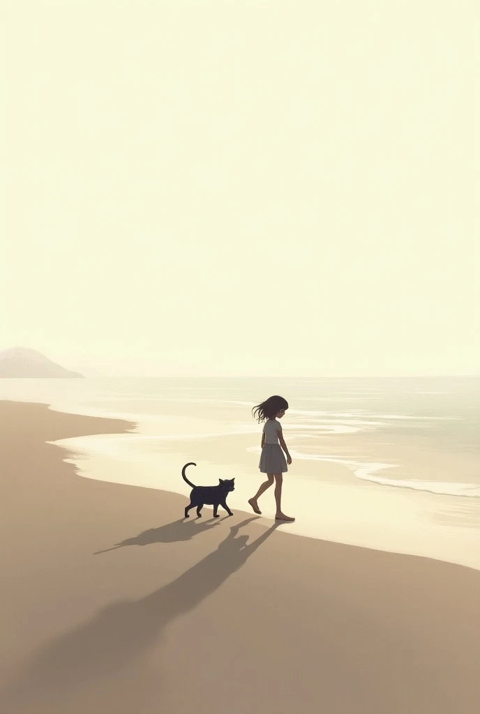 Shadow of A cat and a girl walking in a beach