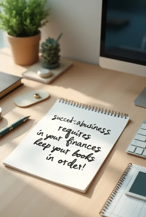 A note written "Success in Business Requires Discipline in Your Finances. Keep Your Books in Order!" in English words with an attractive background of a workspace