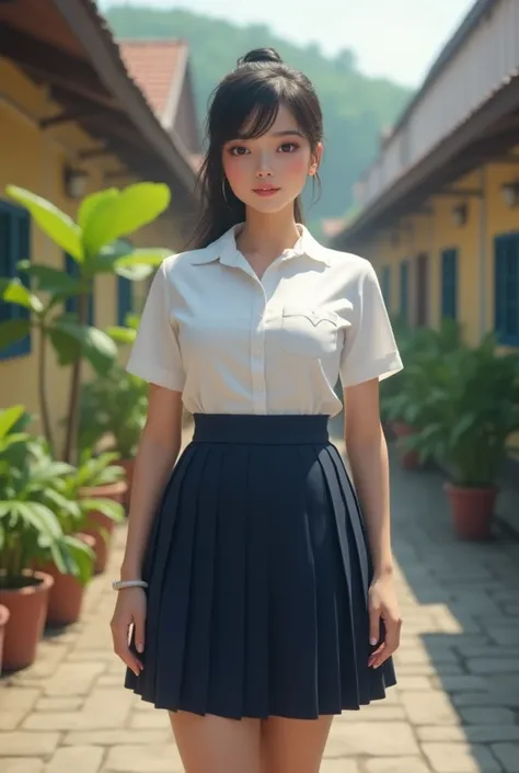 brown skinned school girl in thai school uniform big hips