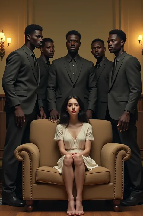 A white girl sitting in sofa and 5 black man steering to her 