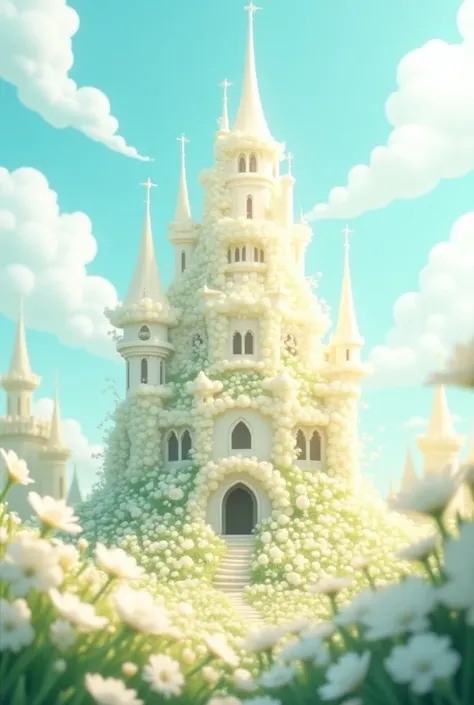  1 flower kingdom name floratia ,The majestic castle  " the design of the castle is related to flowers"  around is just HOA , create a simple cartoon style image ,the main color is white , the roof of the castle has the shape of a huge transparent flower b...