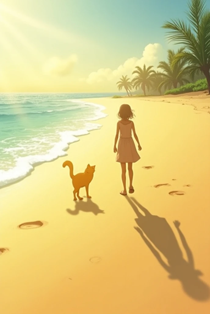 Shadow of A yellow cat and a girl walking in a beach