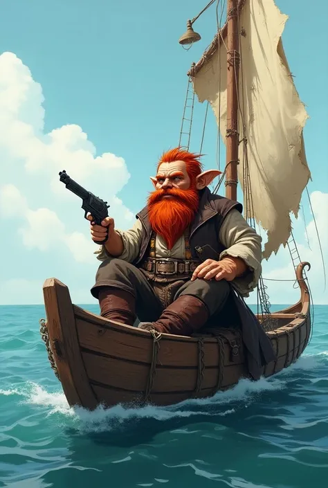 A Dwarf male, 1.40 tall, pirate clothes, beardless dwarf, redhead hair, middle aged man, holding a pistol and a sword, sat at his raft