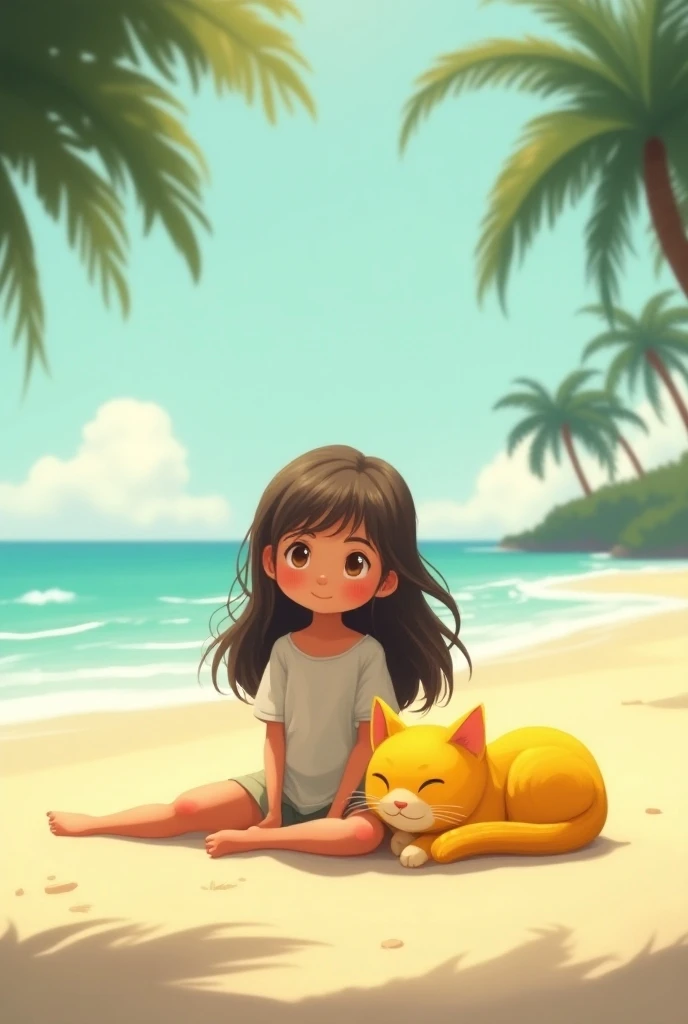 A yellow cat and a girl sitting in a beach