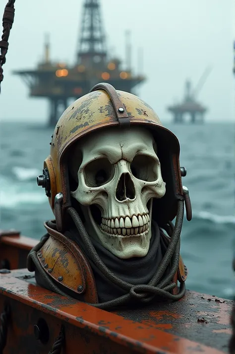 A skull with a , helmet found on an oil rig 