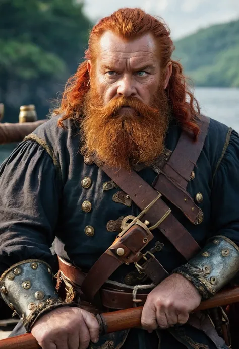 A Dwarf male, 1.40 tall, pirate clothes, beardless dwarf, redhead hair, middle aged man, holding a pistol and a sword, sat at his raft