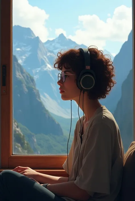 Girl with glasses with short curly brown hair ,  listening to music with headphones next to a window mountain view 
