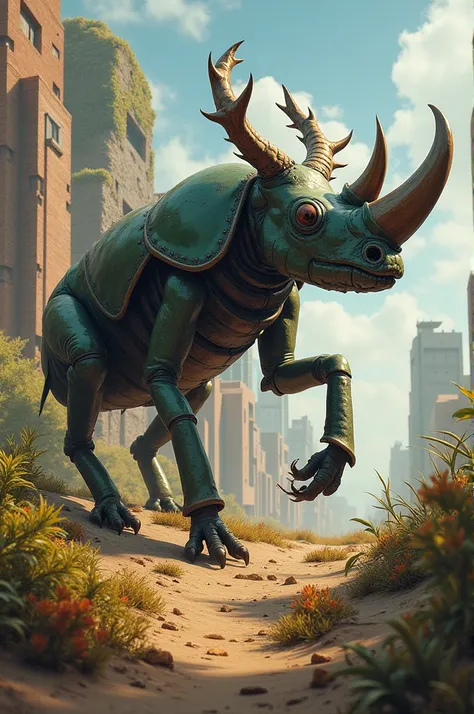 "A time-lapse style image of a rhinoceros beetle evolving over millions of years, surviving through different eras, with vibrant changes in its surroundings."