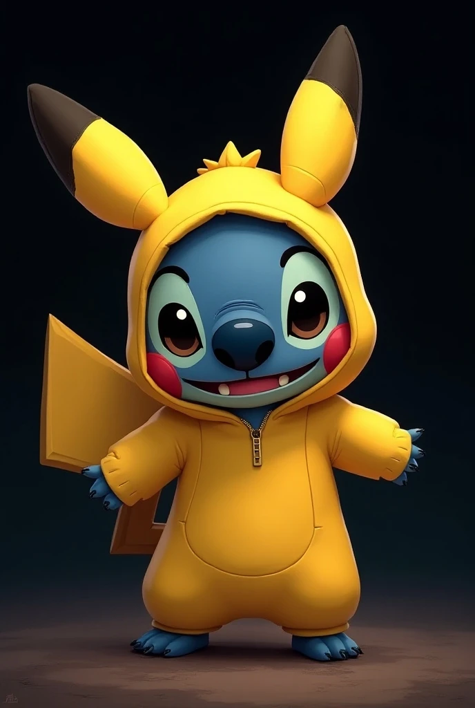 Un dessin de stitch habillé avec un costume de pikachu sur un fond noir
Une image nette transformée en grille