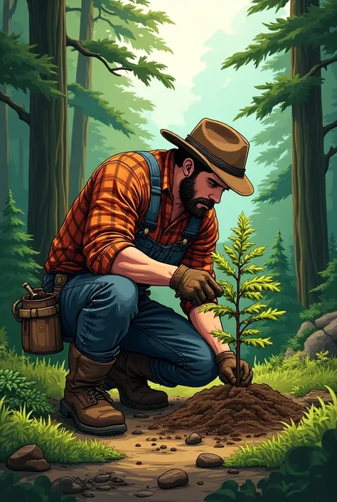  draw a lumberjack with lines  (To paint it later by hand )  planting trees in the forest