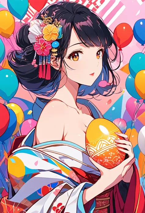 {worst quality, low-quality}, Anime artwork depicting a girls face within a vivid and abstract collage of colors and patterns. (geisha girl)),  Big Breasts, (off shoulders:1.4), ((holding the egg with care)), The composition includes a variety of shapes, l...