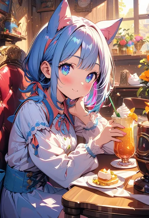 masterpiece, ultra detailed, best quality,,A cute cat-eared girl enjoys her drink in a charming café, surrounded by antique furniture and colorful decorations, bathed in warm light, in vibrant anime style with intricate details.