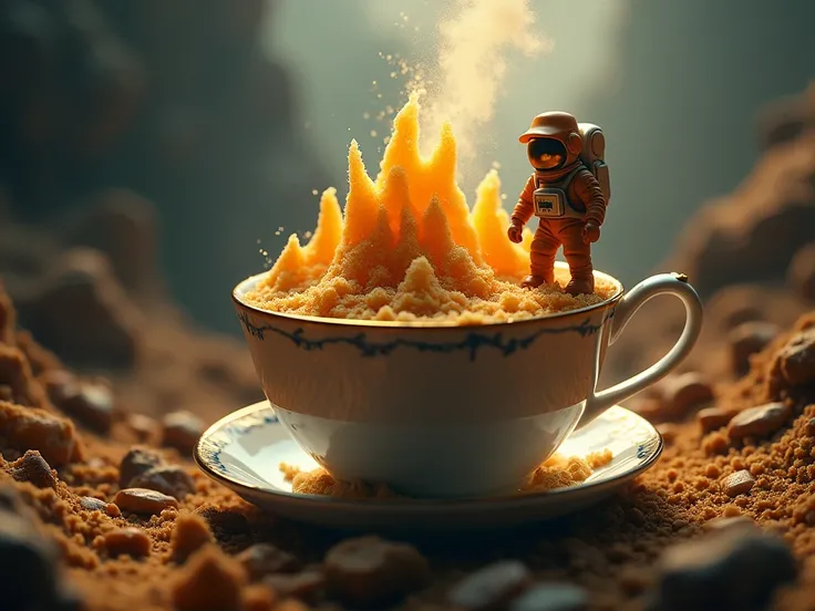 A spectacular and cinematic scene inside a teacup. An explorer dressed as a tiny Indiana Jones, discovering mountains of sugar and rivers of honey and a forest of sweets. The atmosphere is dramatic and cinematic, with strong shadows and intense lights crea...