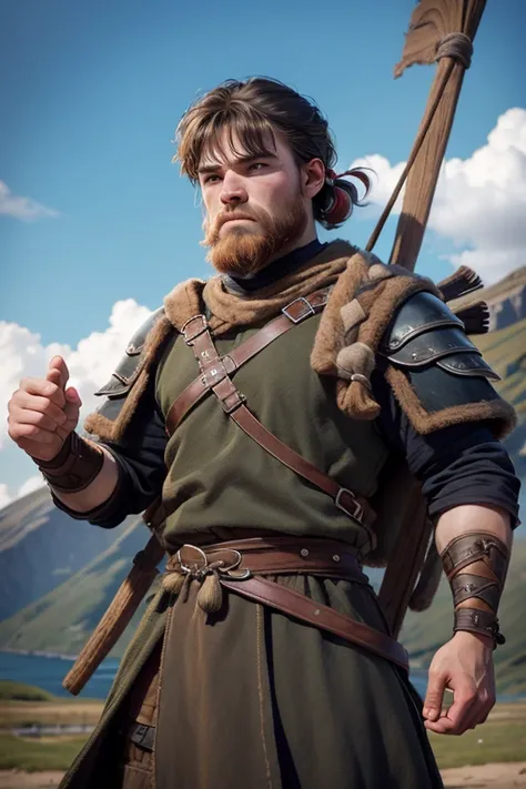 man, viking, Viking culture, with bows in their hands, training, Game of Thrones style, medieval,  short hair with bangs , machista, male, (((young))).