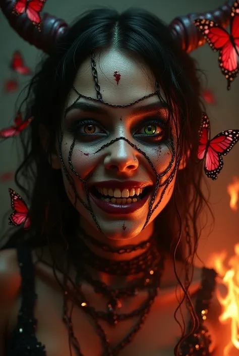 Bad-looking demon woman smiling showing teeth with one brown eye and one green eye wrapped her face in chains and with red butterflies and fire