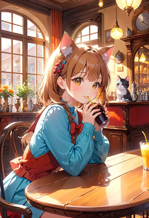 masterpiece, ultra detailed, best quality,,A cute cat-eared girl enjoys her drink in a charming café, surrounded by antique furniture and colorful decorations, bathed in warm light, in vibrant anime style with intricate details.