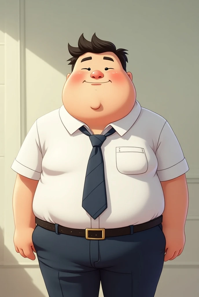 Fat boy wearing college uniform. 8k medium waist cut, very detailed, anime style